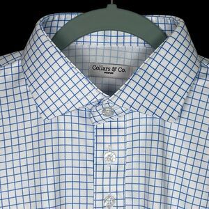 Collars & Co Polo Shirt Mens Medium Blue White Check Dress Collar Preppy Office